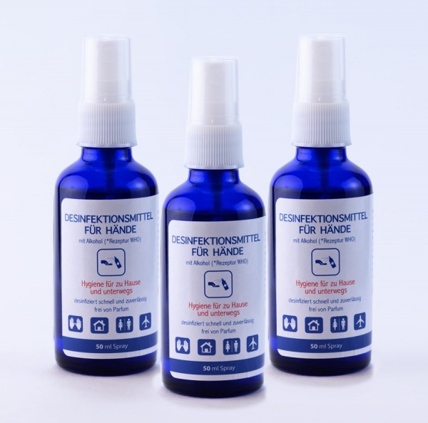 Handdesinfektionsspray 50ml, Glasflasche, 3´er Pack, Handdesinfektion, Rezeptur "WHO"